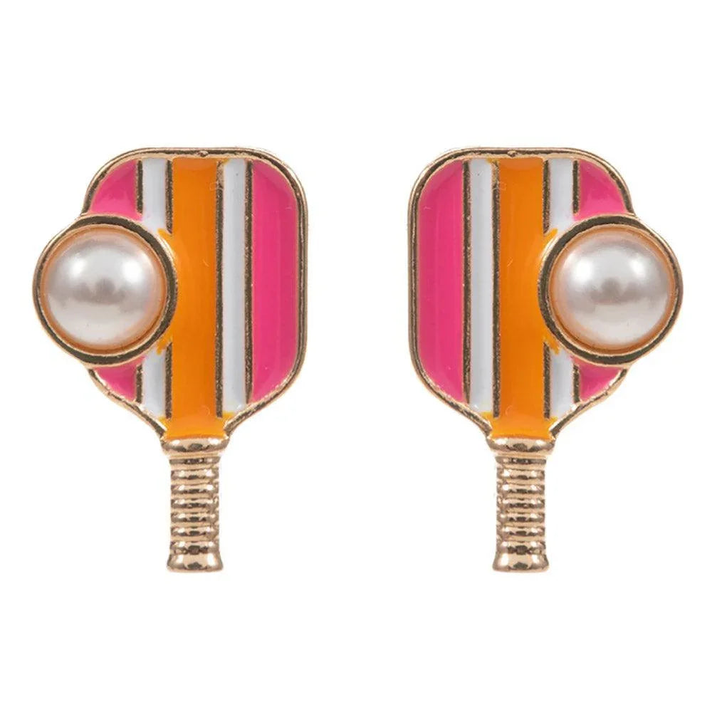 Pink Pearl Pointed Pickleball Racket Stud Earrings - Jewelry Store by Erik Rayo