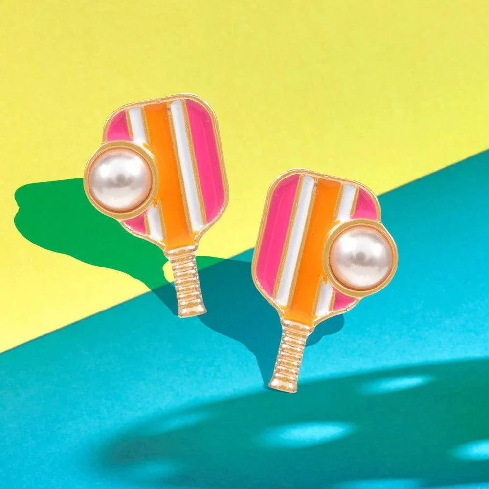 Pink Pearl Pointed Pickleball Racket Stud Earrings - Jewelry Store by Erik Rayo