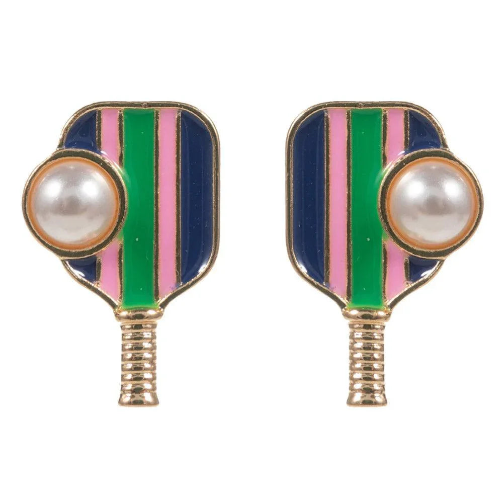 Pearl Pointed Pickleball Racket Stud Earrings - Jewelry Store by Erik Rayo