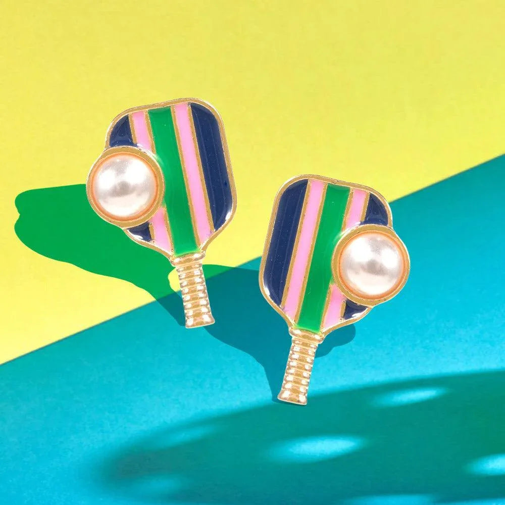 Pearl Pointed Pickleball Racket Stud Earrings - Jewelry Store by Erik Rayo