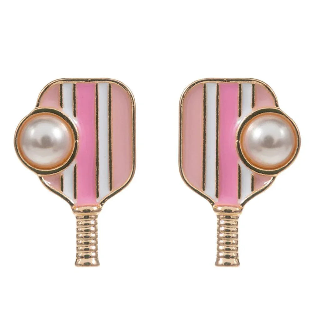 Pink Pearl Pointed Pickleball Racket Stud Earrings - Jewelry Store by Erik Rayo