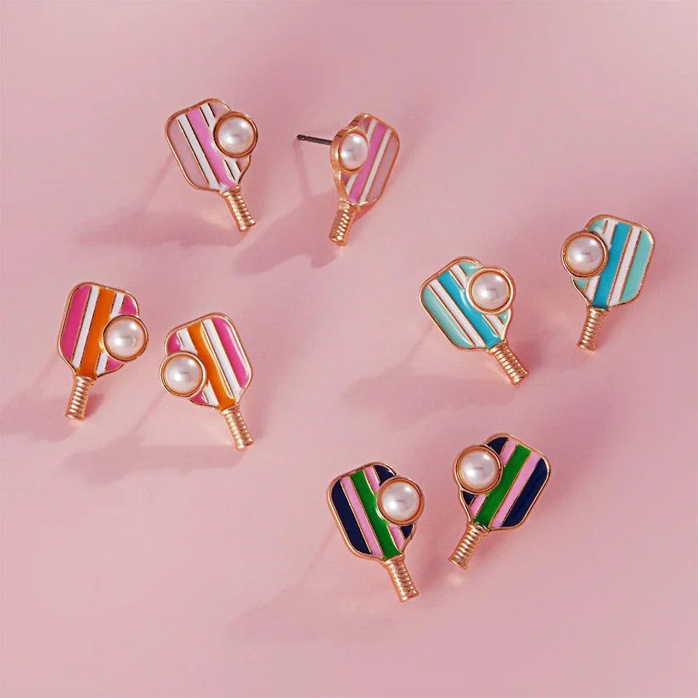 Pink Pearl Pointed Pickleball Racket Stud Earrings - Jewelry Store by Erik Rayo