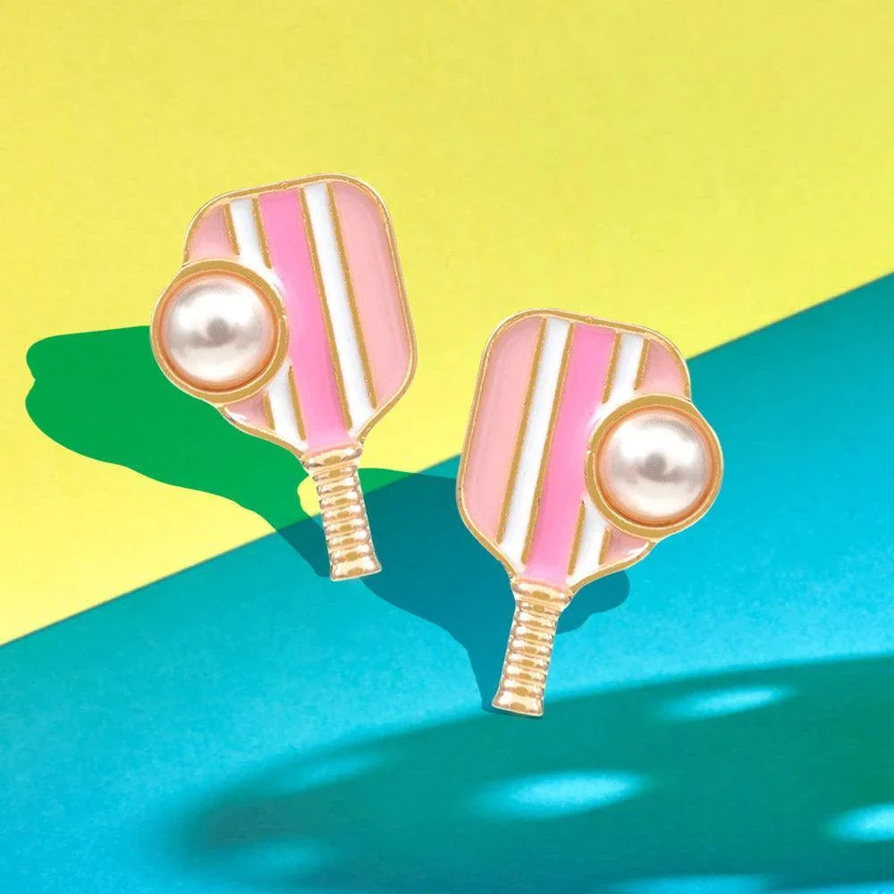 Pink Pearl Pointed Pickleball Racket Stud Earrings - Jewelry Store by Erik Rayo