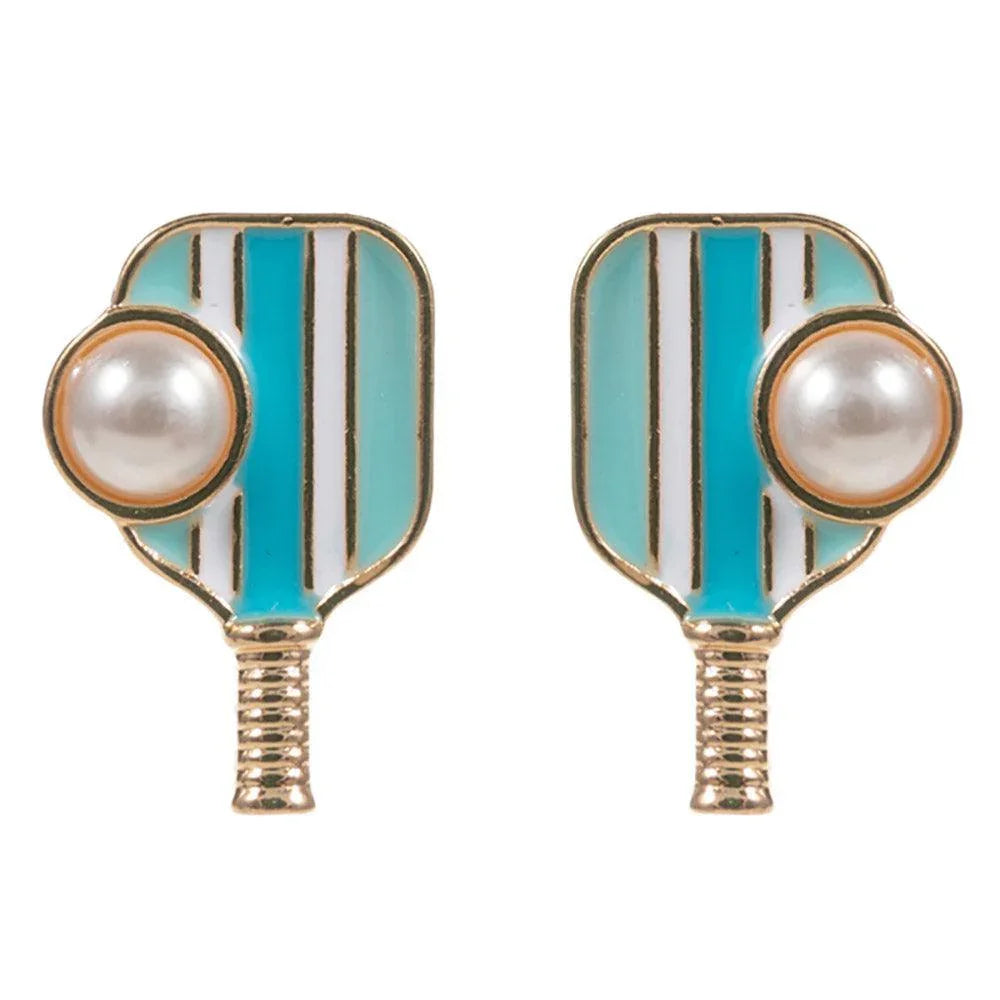Turquoise Pearl Pointed Pickleball Racket Stud Earrings - Jewelry Store by Erik Rayo