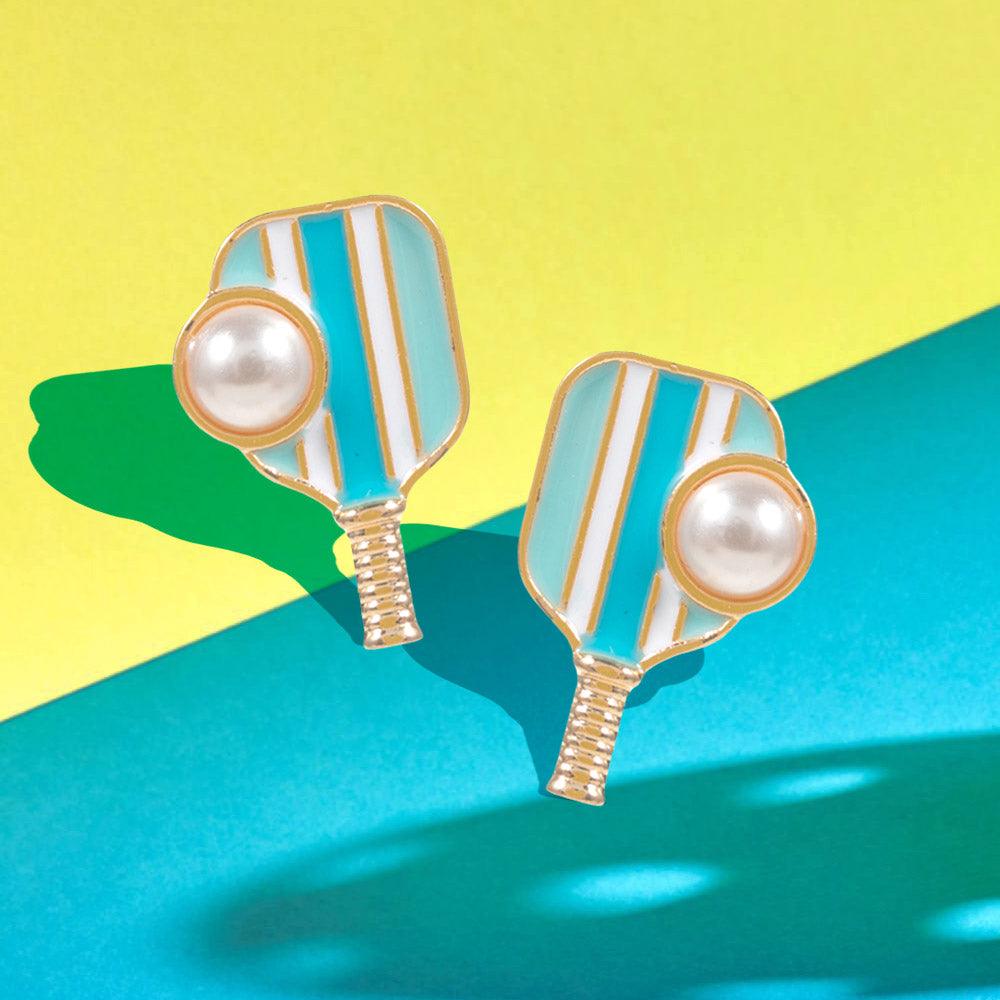 Turquoise Pearl Pointed Pickleball Racket Stud Earrings