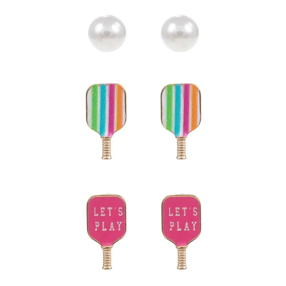 3PCS - Enamel Pickle Ball Paddle Pearl Stud Earring Set - Jewelry Store by Erik Rayo