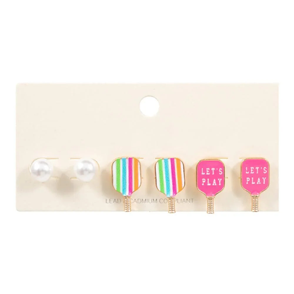 3PCS - Enamel Pickle Ball Paddle Pearl Stud Earring Set - Jewelry Store by Erik Rayo