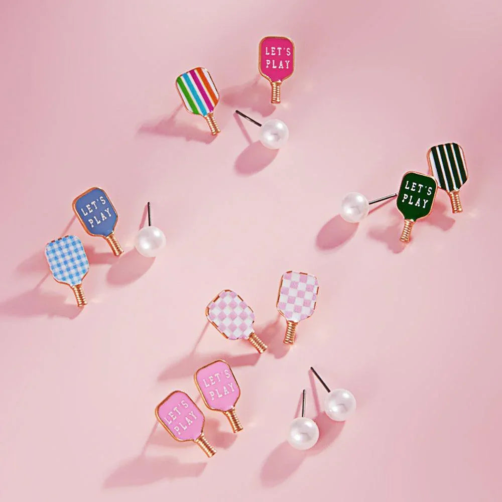 3PCS - Enamel Pickle Ball Paddle Pearl Stud Earring Set - Jewelry Store by Erik Rayo