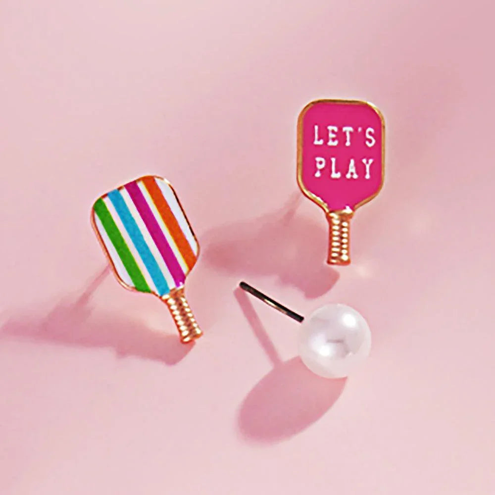 3PCS - Enamel Pickle Ball Paddle Pearl Stud Earring Set - Jewelry Store by Erik Rayo