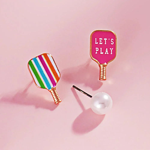 3PCS - Enamel Pickle Ball Paddle Pearl Stud Earring Set - Jewelry Store by Erik Rayo