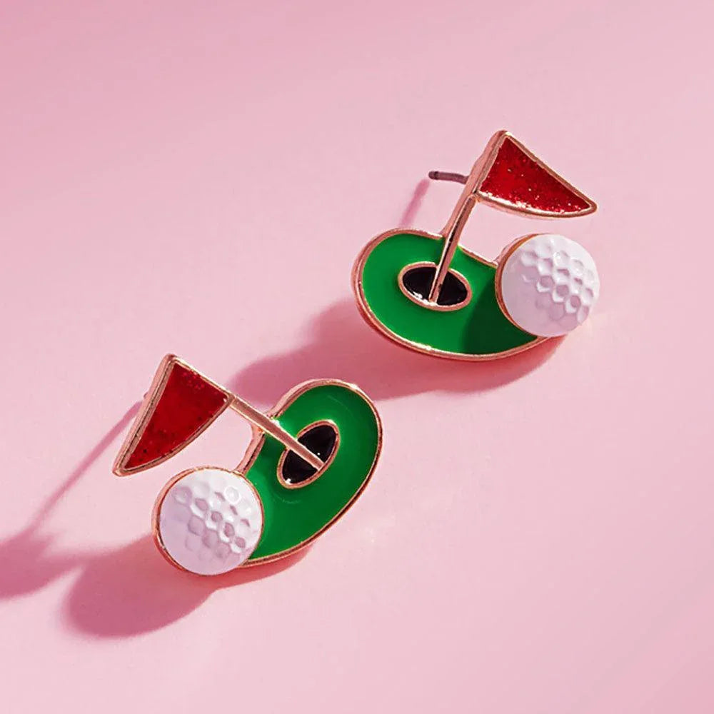 Red Enamel Golf Ball Hole Flag Stud Earrings - Jewelry Store by Erik Rayo