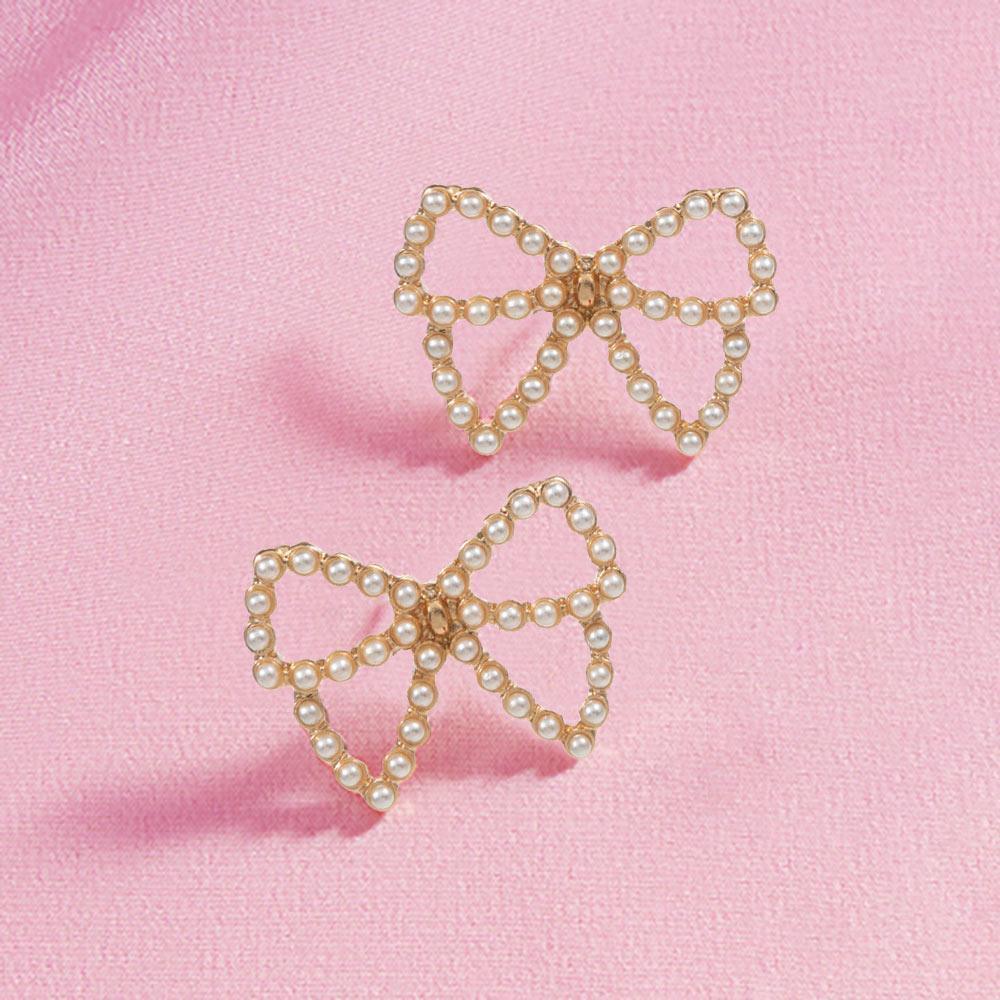Cream Pearl Paved Bow Stud Earrings - Jewelry Store by Erik Rayo