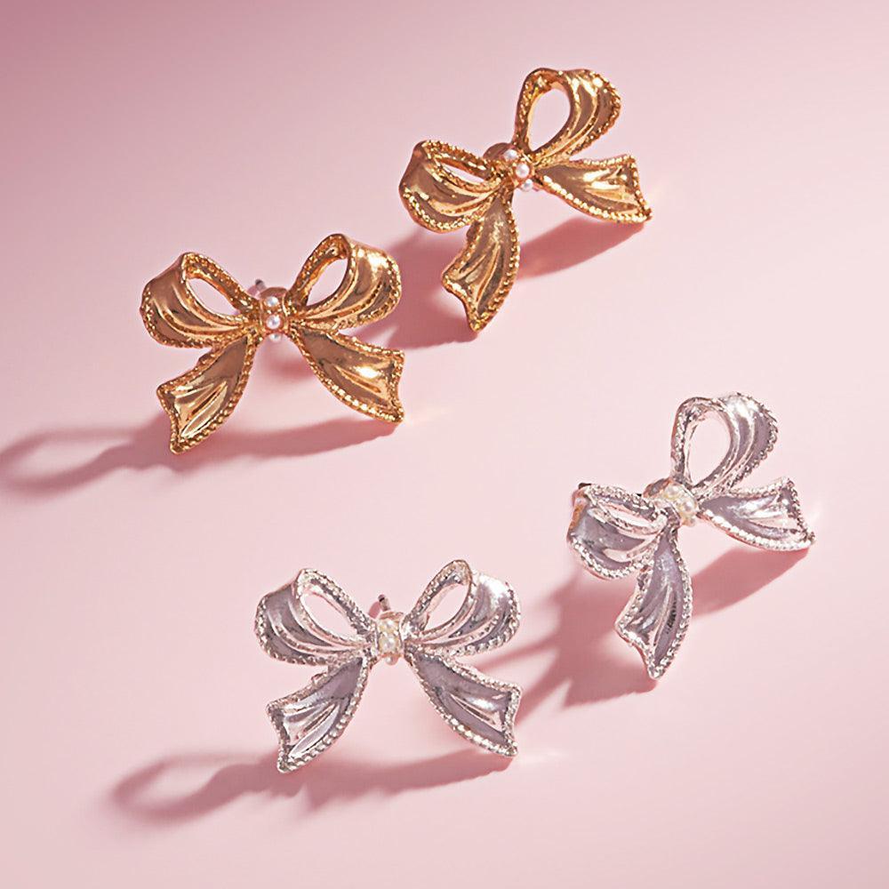 Silver Mini Pearl Pointed Textured Metal Bow Stud Earrings - Jewelry Store by Erik Rayo