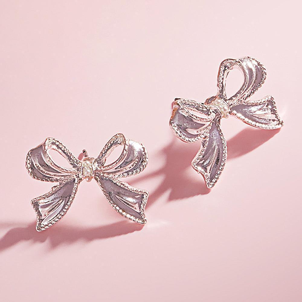Silver Mini Pearl Pointed Textured Metal Bow Stud Earrings - Jewelry Store by Erik Rayo