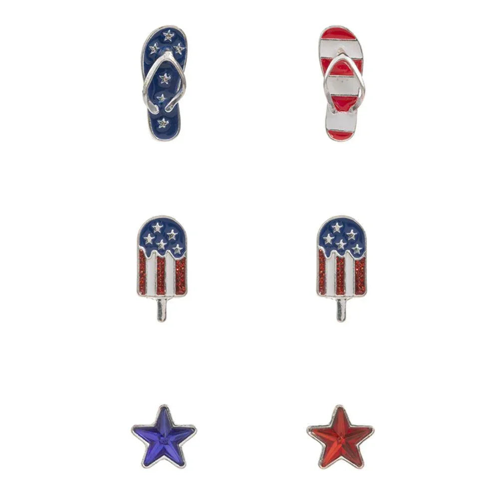Silver 3Pairs - Enamel American USA Flag Star Flip Flops Stud Earrings Set - Jewelry Store by Erik Rayo