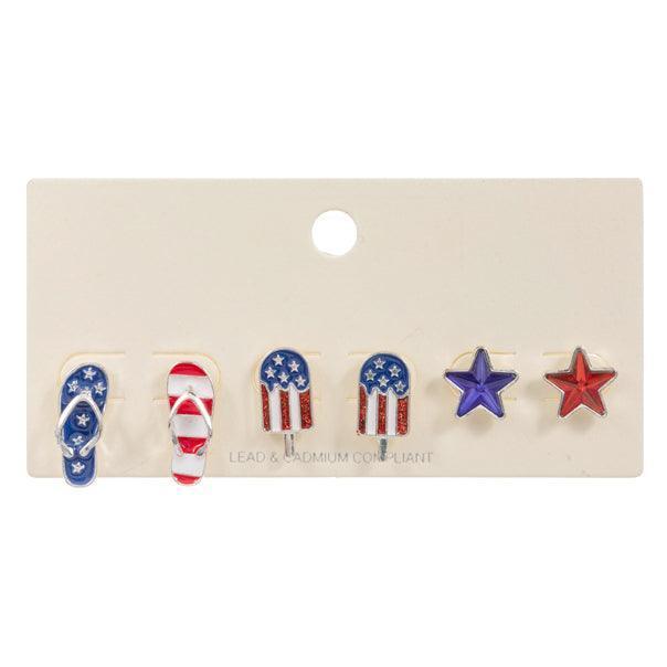 Silver 3Pairs - Enamel American USA Flag Star Flip Flops Stud Earrings Set - Jewelry Store by Erik Rayo