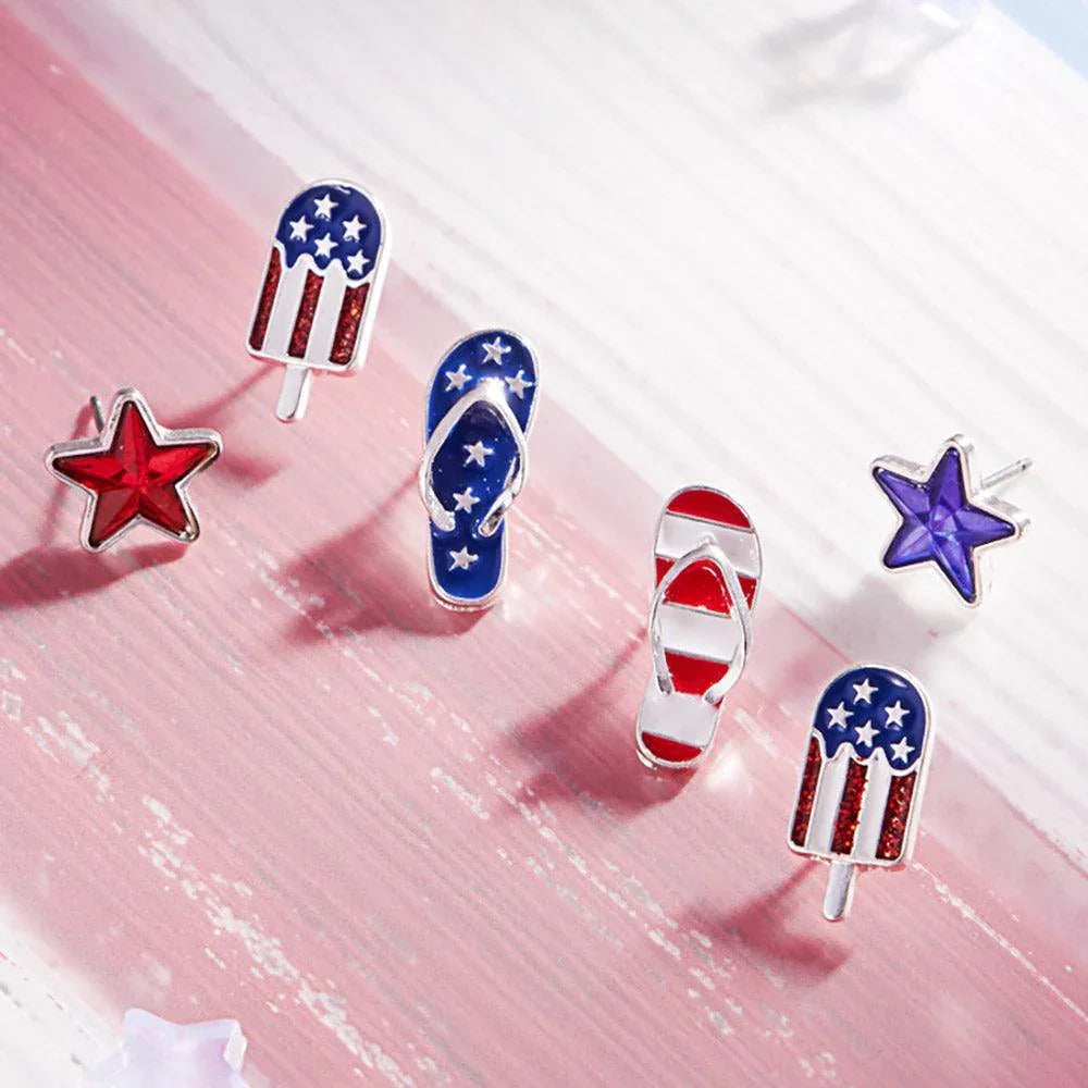 Silver 3Pairs - Enamel American USA Flag Star Flip Flops Stud Earrings Set - Jewelry Store by Erik Rayo