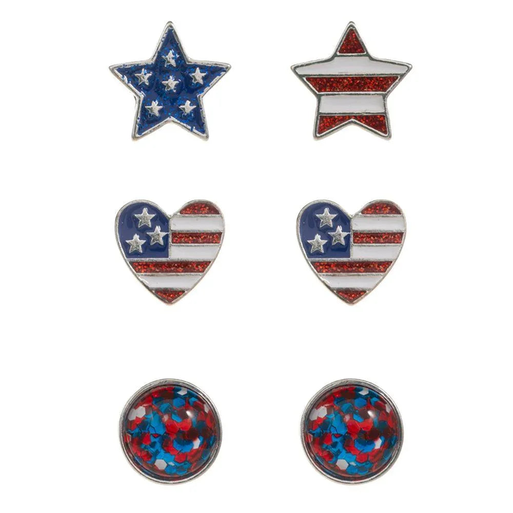 Silver 3Pairs - Enamel American USA Flag Star Heart Disc Stud Earrings Set - Jewelry Store by Erik Rayo
