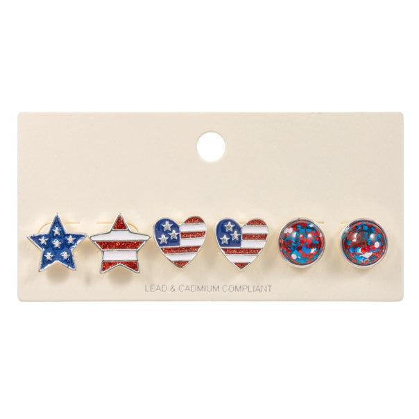 Silver 3Pairs - Enamel American USA Flag Star Heart Disc Stud Earrings Set - Jewelry Store by Erik Rayo