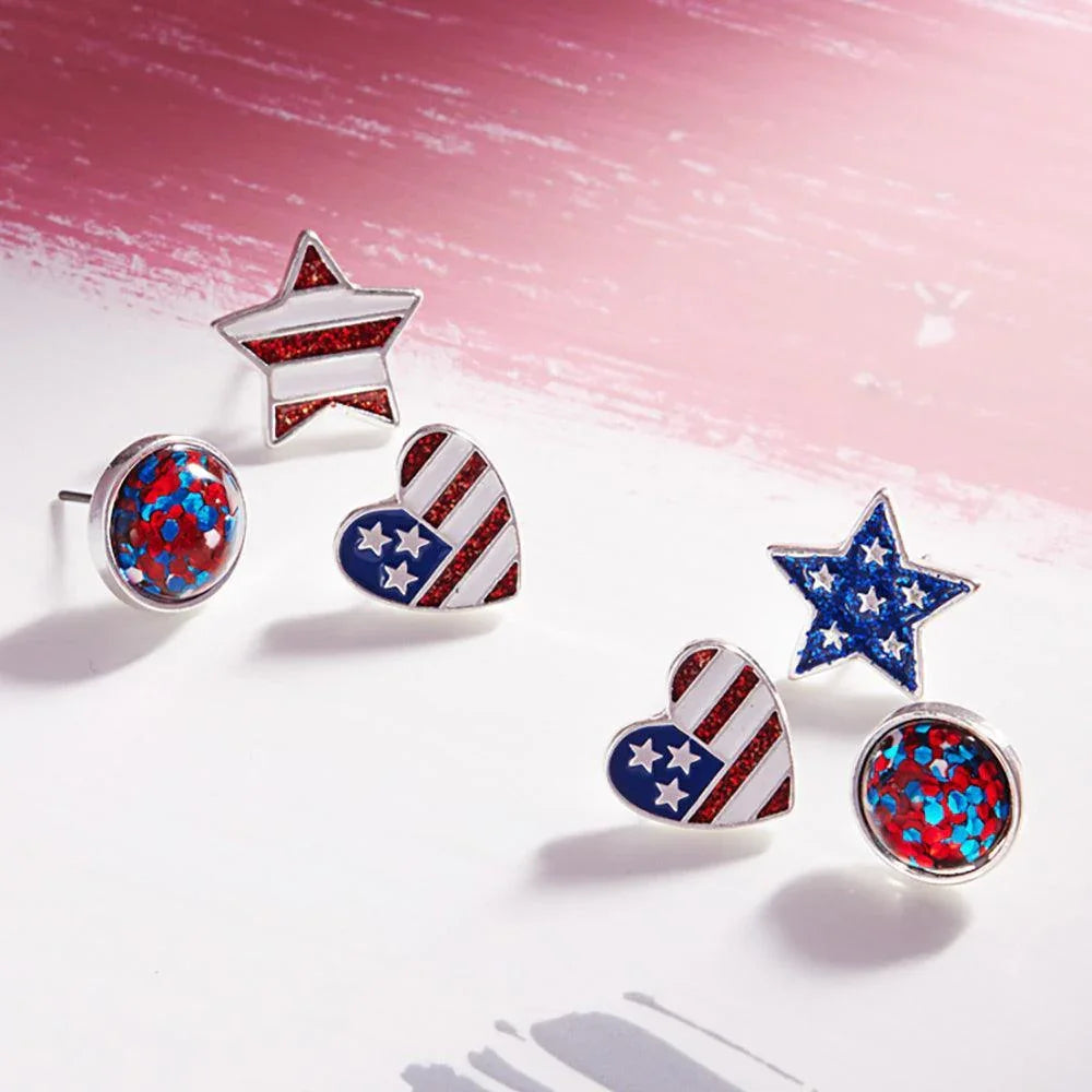 Silver 3Pairs - Enamel American USA Flag Star Heart Disc Stud Earrings Set - Jewelry Store by Erik Rayo