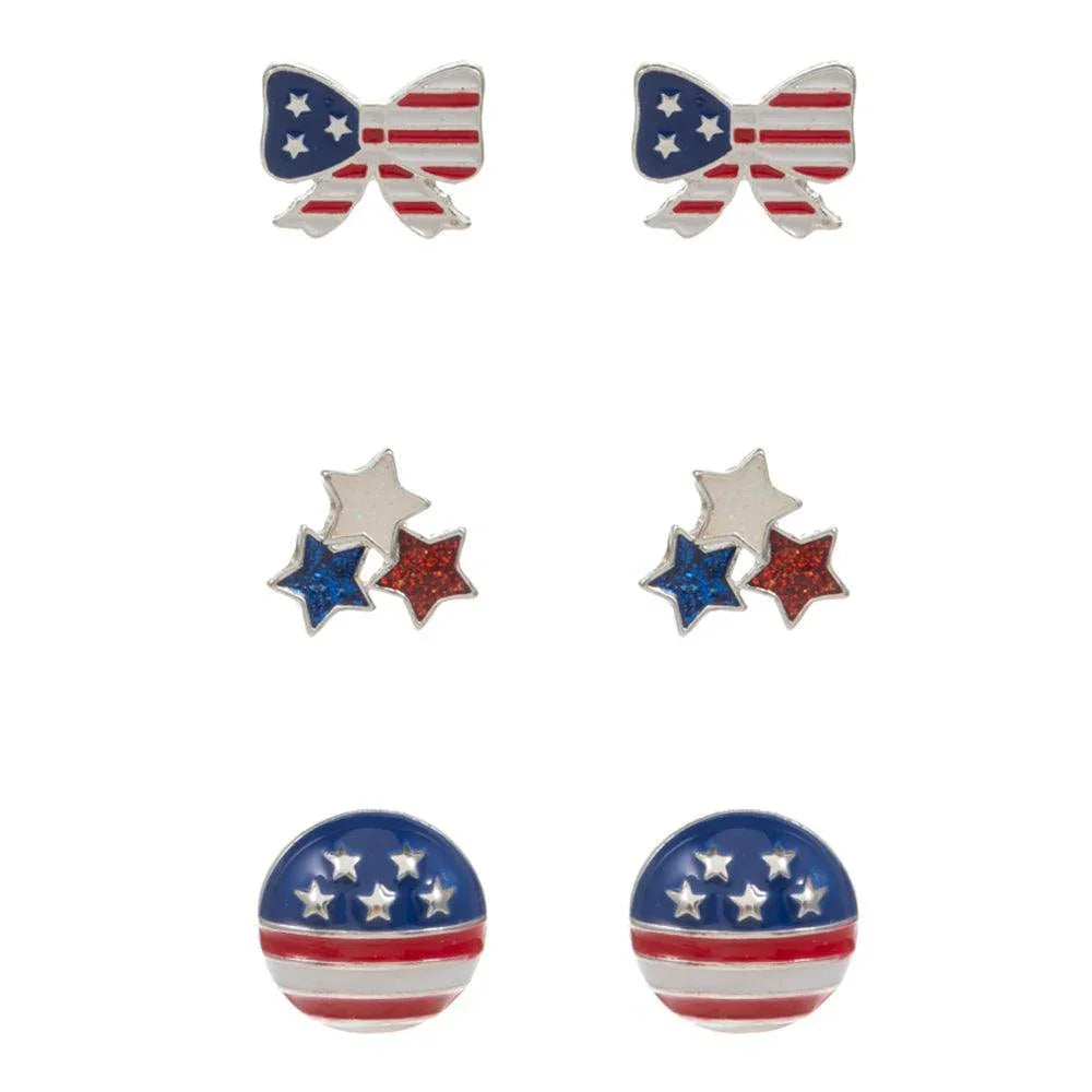 Silver 3Pairs - Enamel American USA Flag Triple Star Bow Disc Stud Earrings Set - Jewelry Store by Erik Rayo
