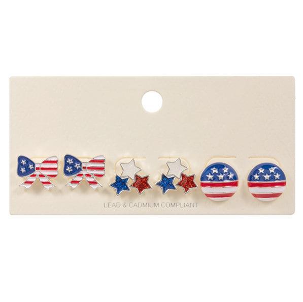 Silver 3Pairs - Enamel American USA Flag Triple Star Bow Disc Stud Earrings Set - Jewelry Store by Erik Rayo
