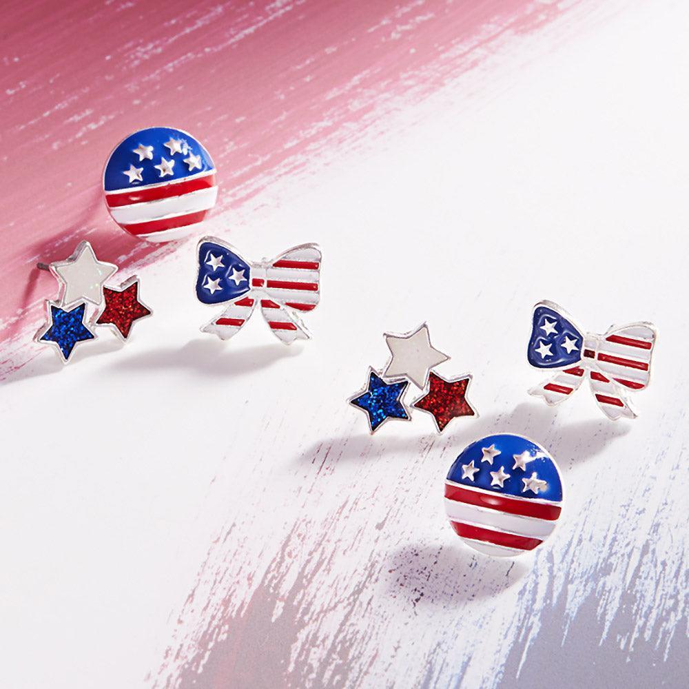 Silver 3Pairs - Enamel American USA Flag Triple Star Bow Disc Stud Earrings Set - Jewelry Store by Erik Rayo