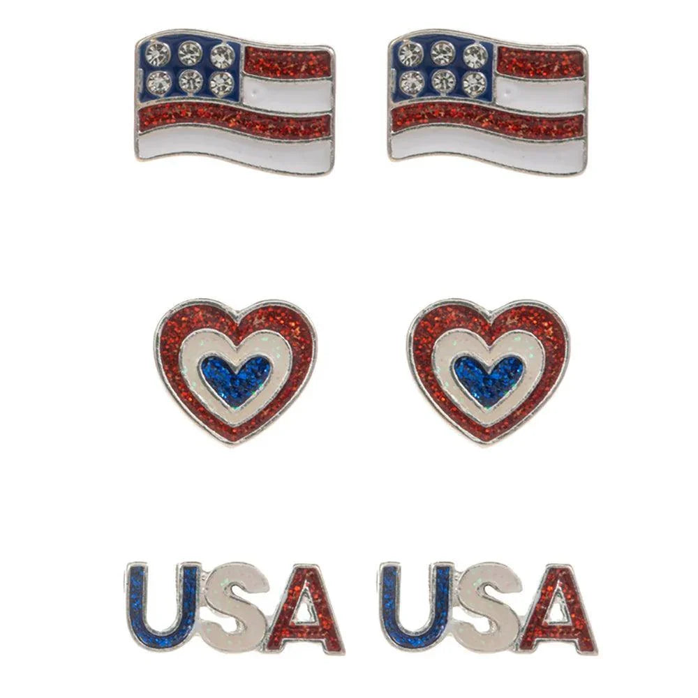 Silver 3Pairs - Enamel American USA Flag Heart USA Message Stud Earrings Set - Jewelry Store by Erik Rayo