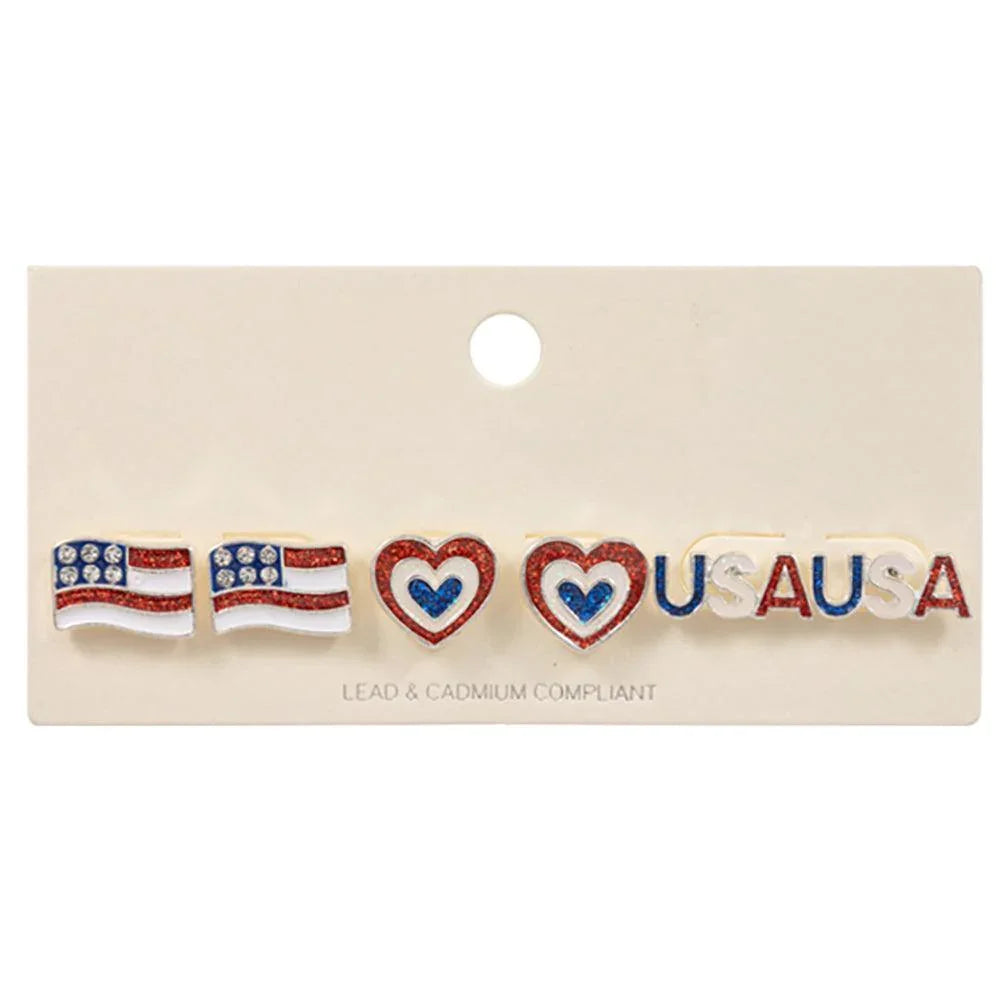 Silver 3Pairs - Enamel American USA Flag Heart USA Message Stud Earrings Set - Jewelry Store by Erik Rayo