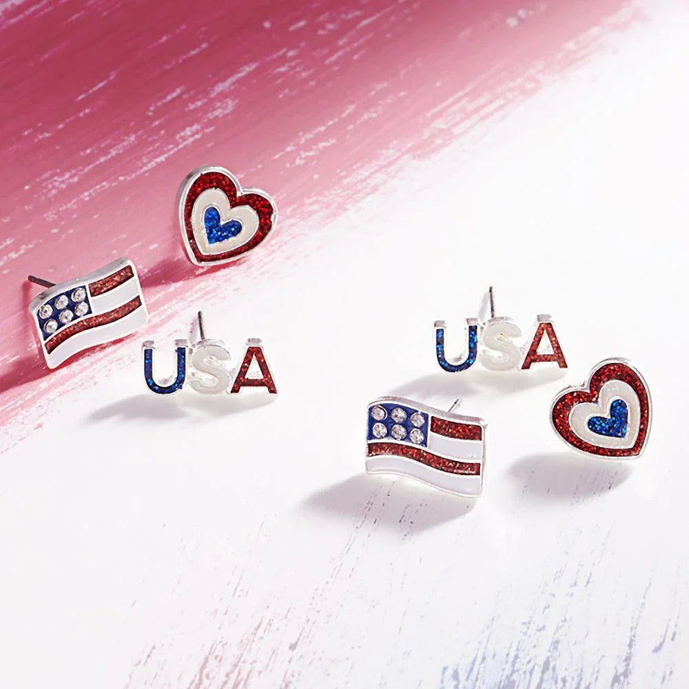 Silver 3Pairs - Enamel American USA Flag Heart USA Message Stud Earrings Set - Jewelry Store by Erik Rayo