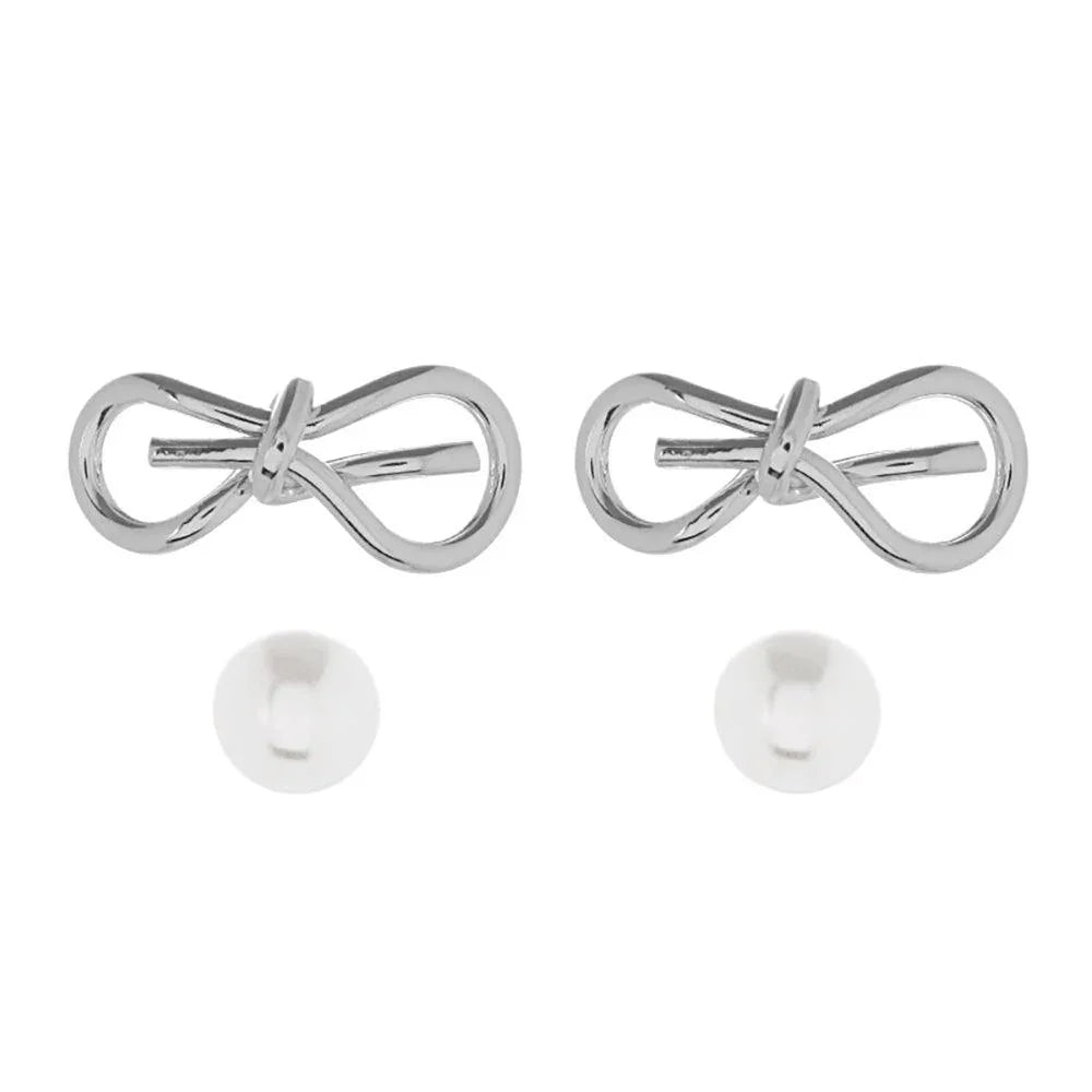 Silver 2Pairs - Metal Wire Bow Pearl Stud Earrings - Jewelry Store by Erik Rayo