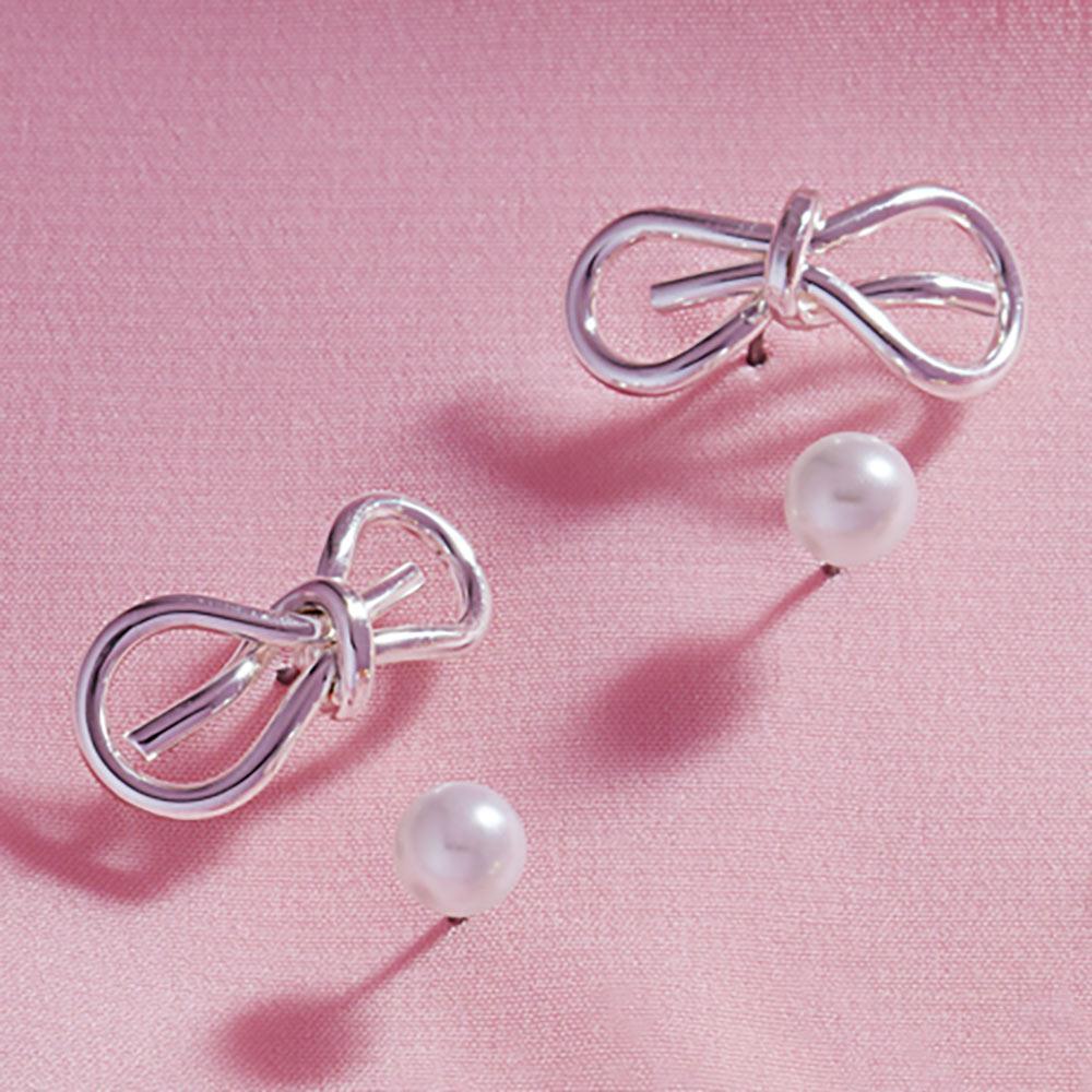 Silver 2Pairs - Metal Wire Bow Pearl Stud Earrings - Jewelry Store by Erik Rayo