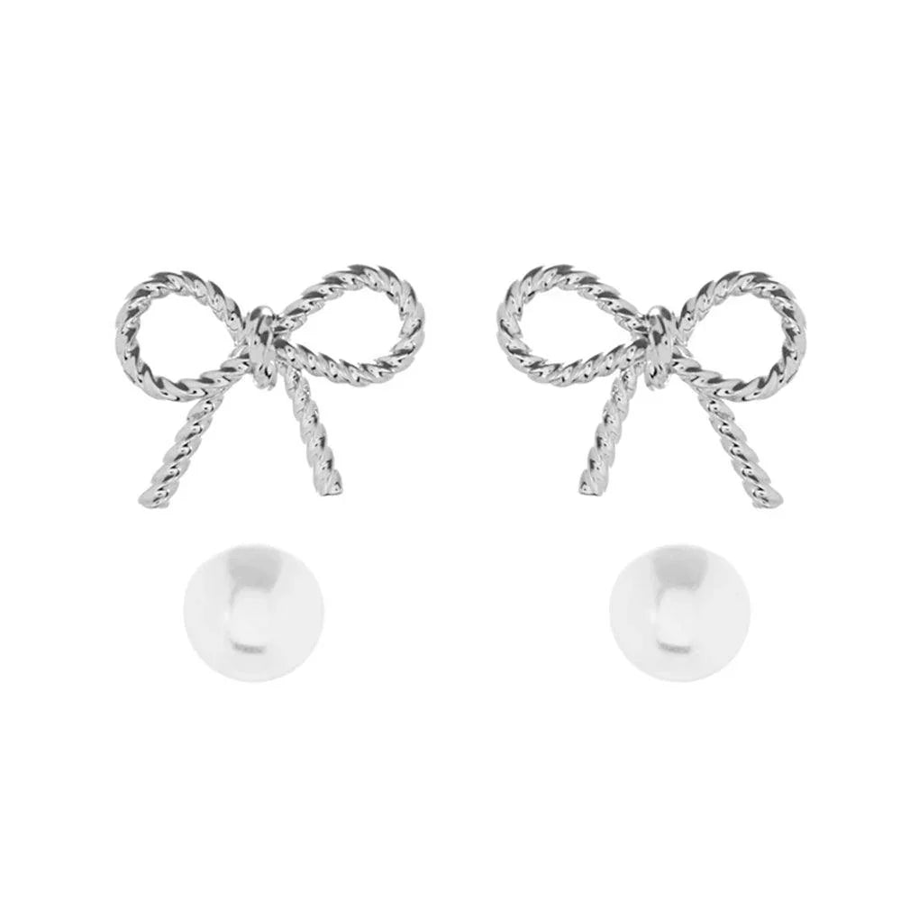 Silver 2Pairs - Metal Wire Rope Bow Pearl Stud Earrings Set - Jewelry Store by Erik Rayo