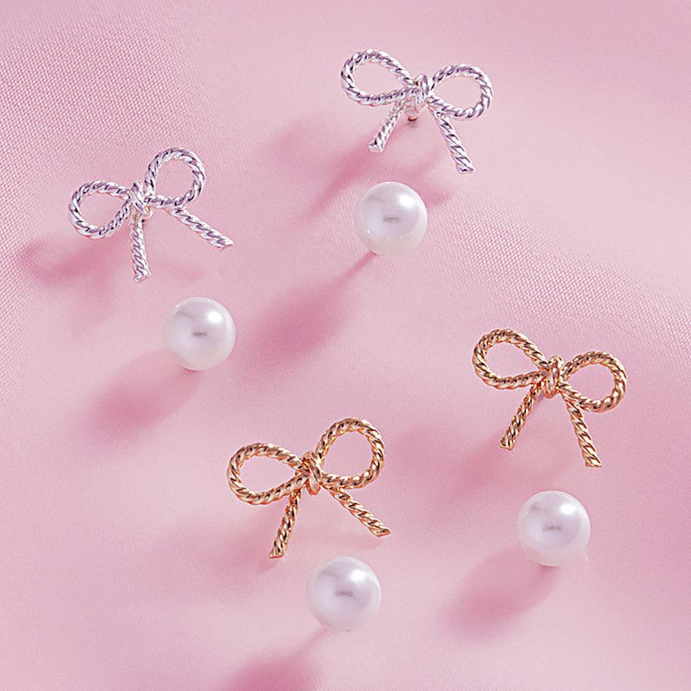 Silver 2Pairs - Metal Wire Rope Bow Pearl Stud Earrings Set - Jewelry Store by Erik Rayo