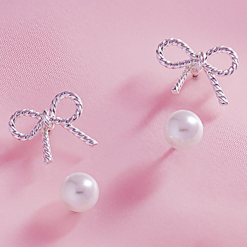 Silver 2Pairs - Metal Wire Rope Bow Pearl Stud Earrings Set - Jewelry Store by Erik Rayo