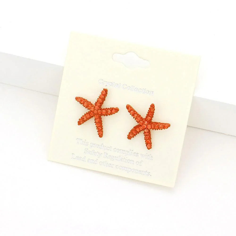 Orange Crystal Starfish Stud Earrings - Jewelry Store by Erik Rayo