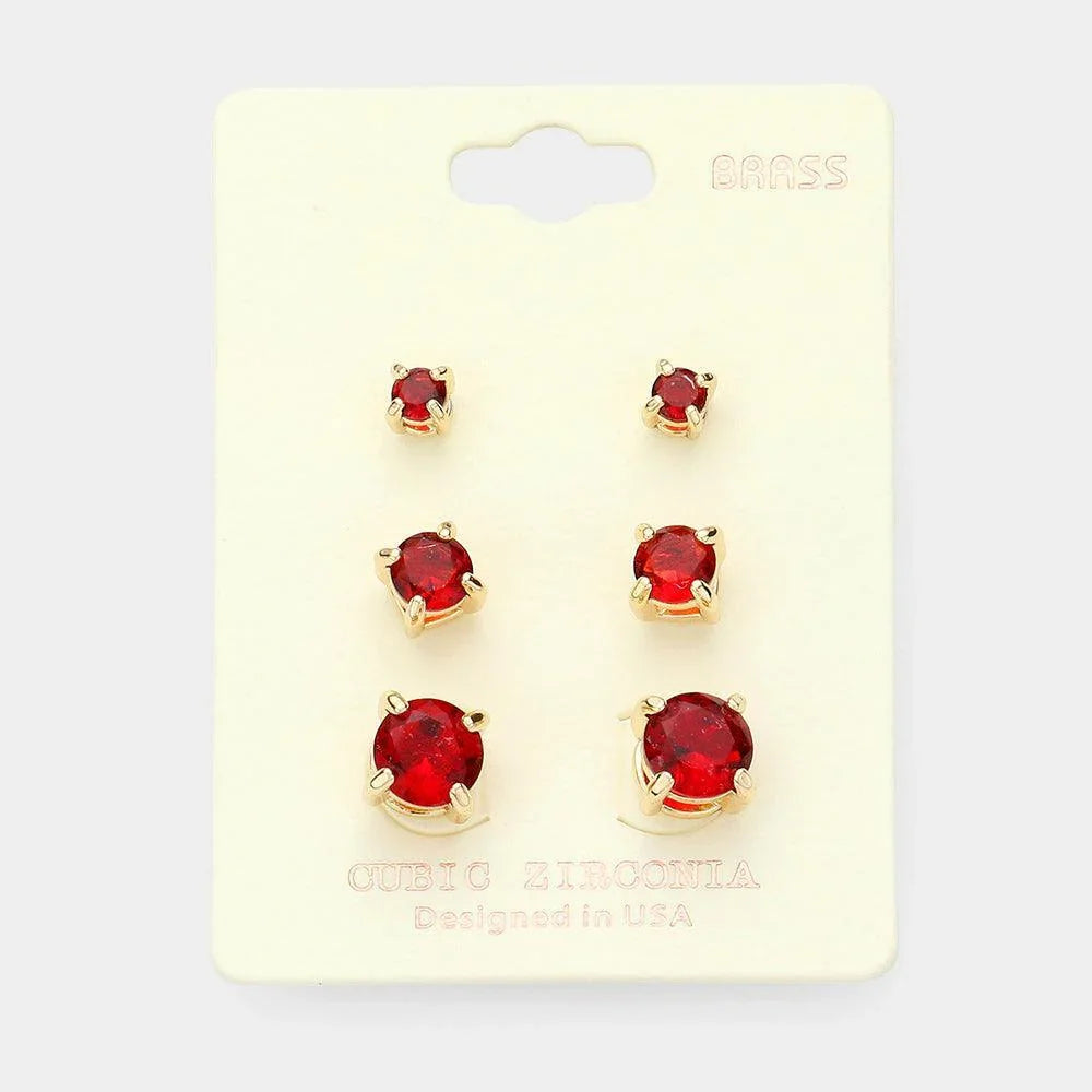 Red 3Pairs - CZ Cubic Zirconia Round Stud Earrings - Jewelry Store by Erik Rayo