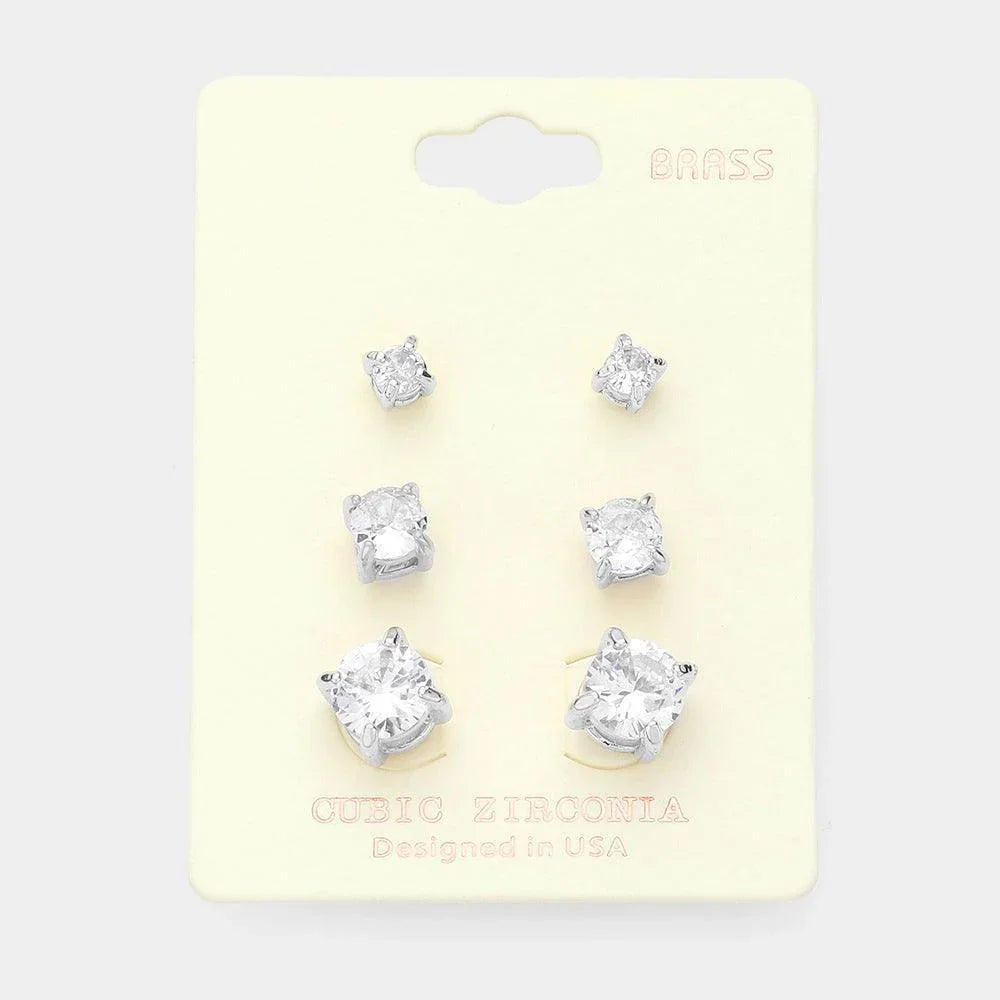 3Pairs - CZ Cubic Zirconia Round Stud Earrings - Jewelry Store by Erik Rayo