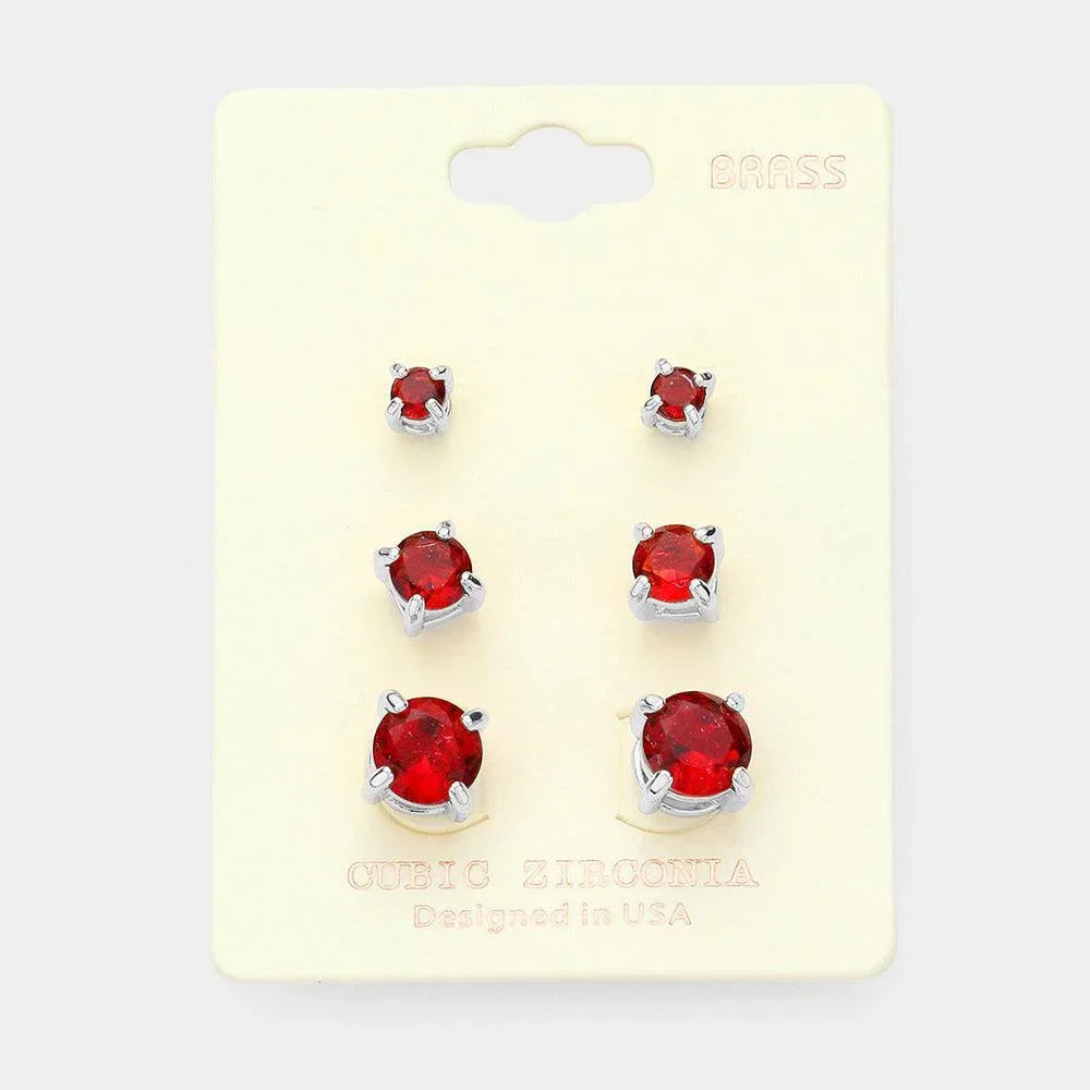 Red 3Pairs - CZ Cubic Zirconia Round Stud Earrings - Jewelry Store by Erik Rayo