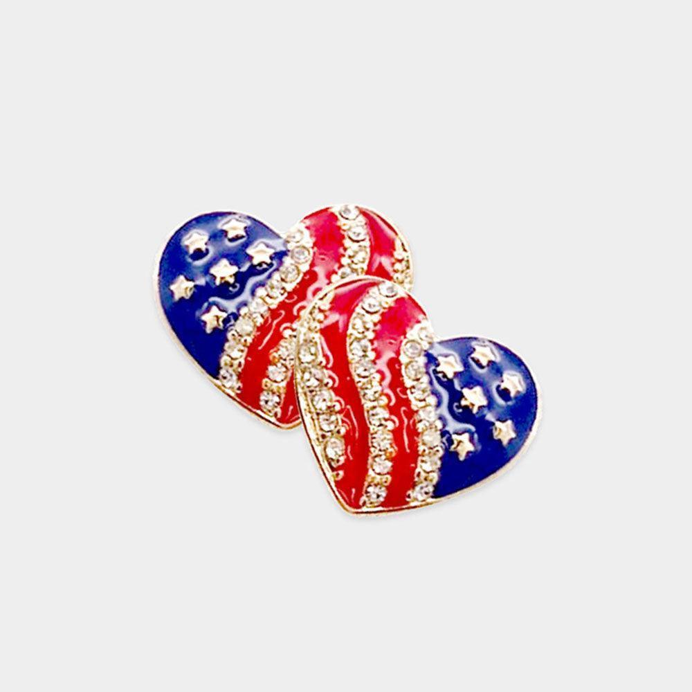 Rhinestone Embellished Enamel American USA Flag Heart Stud Earrings - Jewelry Store by Erik Rayo
