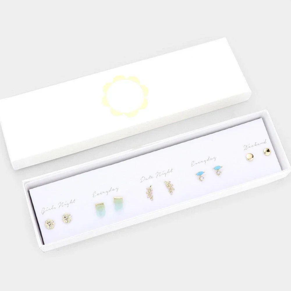 5Pairs - Natural Stone Rhinestone Embellished Leaf Metal Round Stud Earrings - Jewelry Store by Erik Rayo