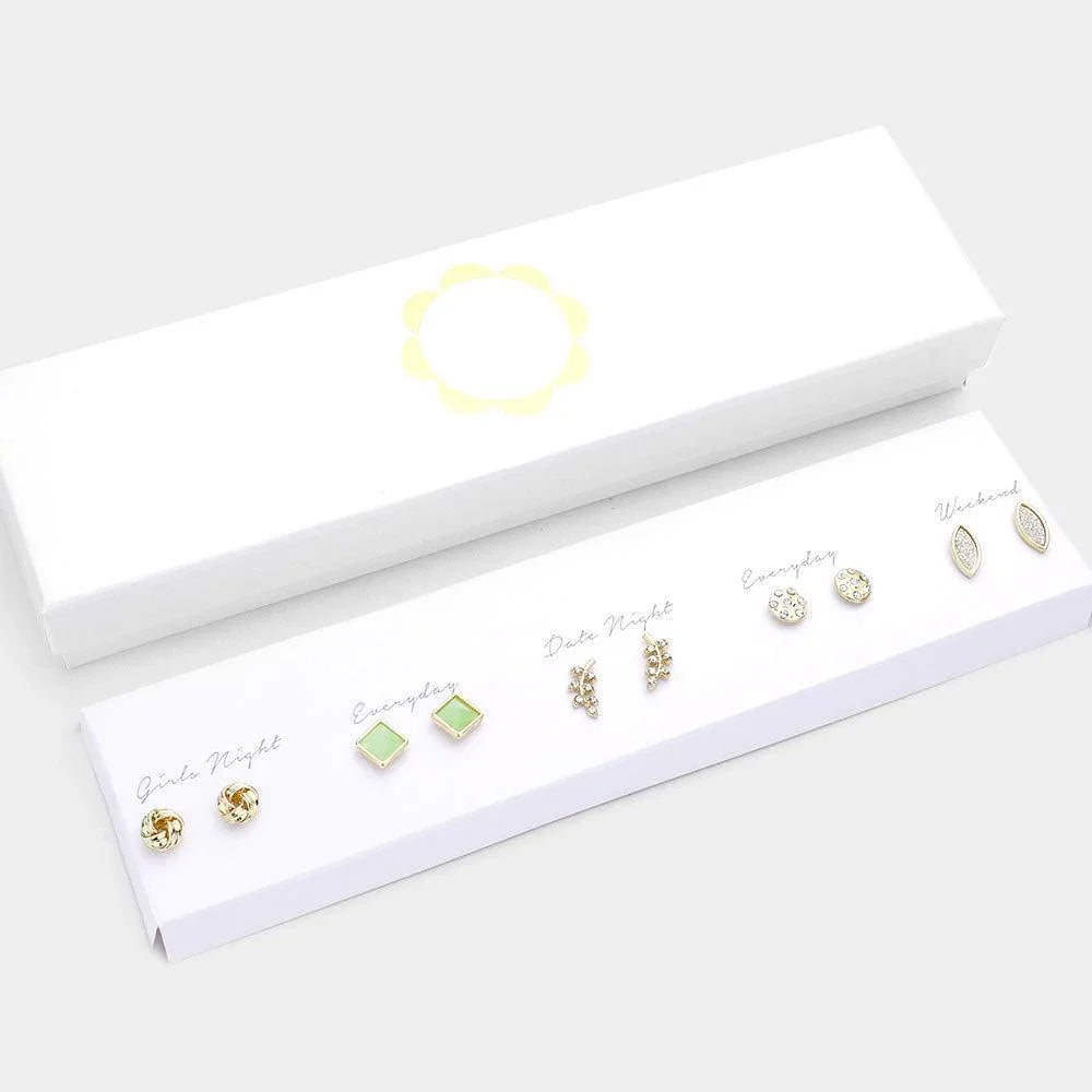 Gold 5Pairs - Metal Knot Square Bead Rhinestone Embellished Leaf Stud Earrings - Jewelry Store by Erik Rayo