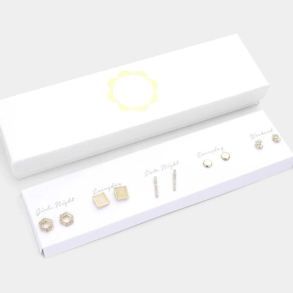 Gold 5Pairs - Square Bead Rhinestone Embellished Open Hexagon Bar Stud Earrings - Jewelry Store by Erik Rayo