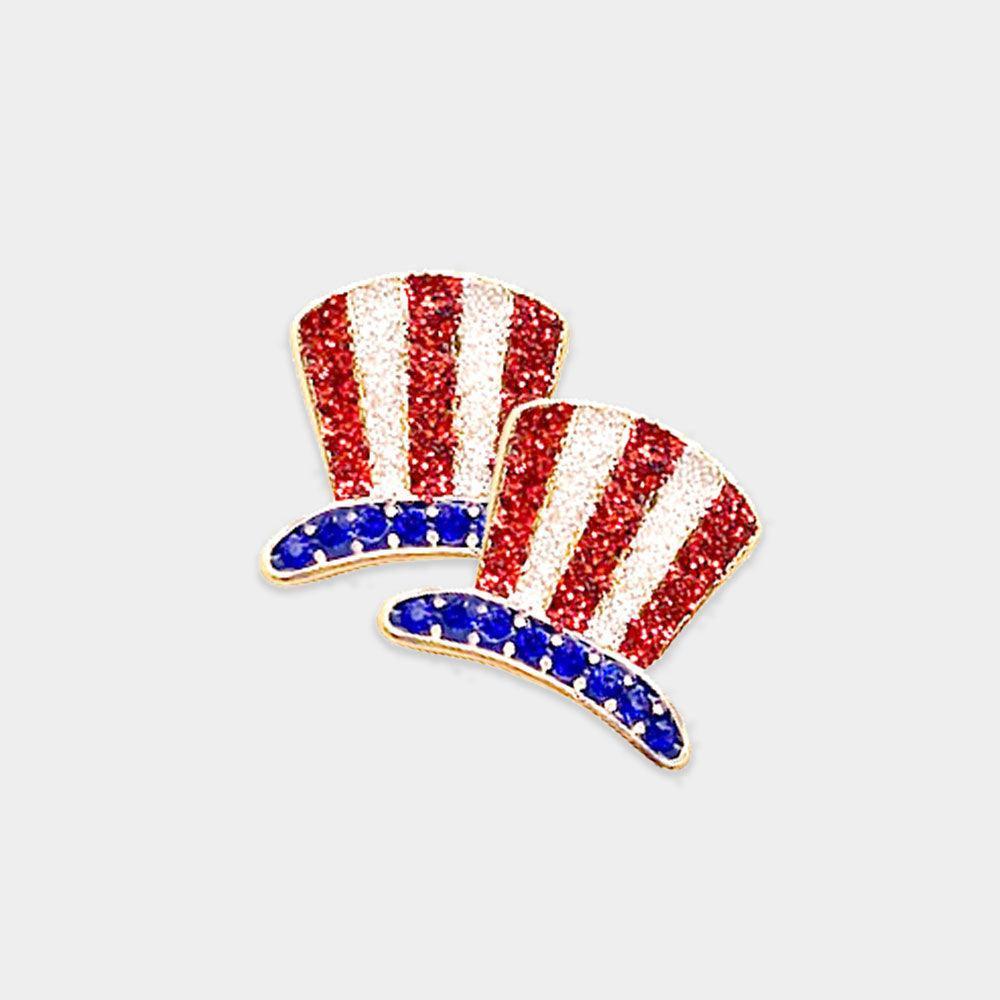 Rhinestone Embellished Glittered American USA Flag Hat Stud Earrings - Jewelry Store by Erik Rayo