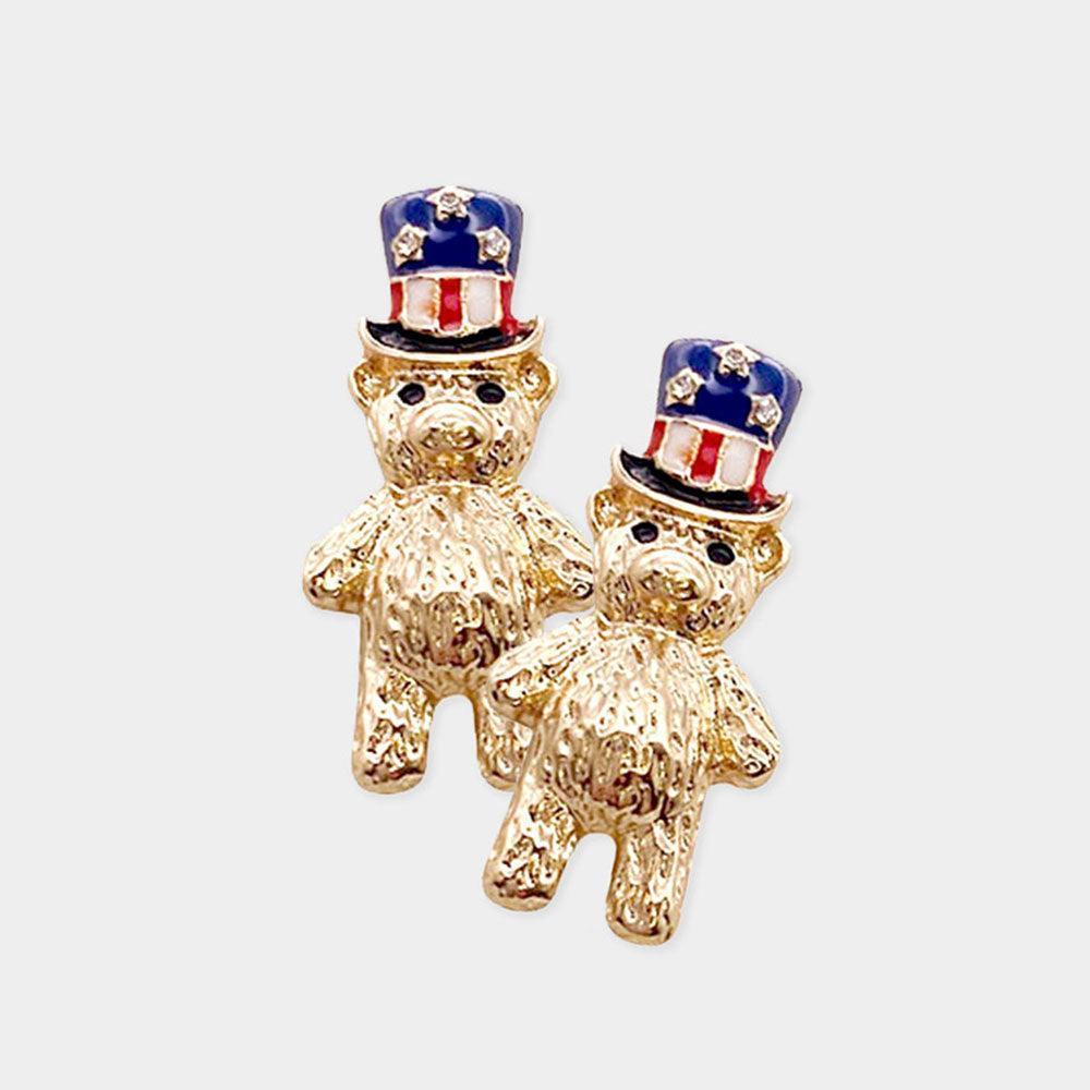 Rhinestone Embellished Enamel American USA Flag Hat Bear Stud Earrings - Jewelry Store by Erik Rayo
