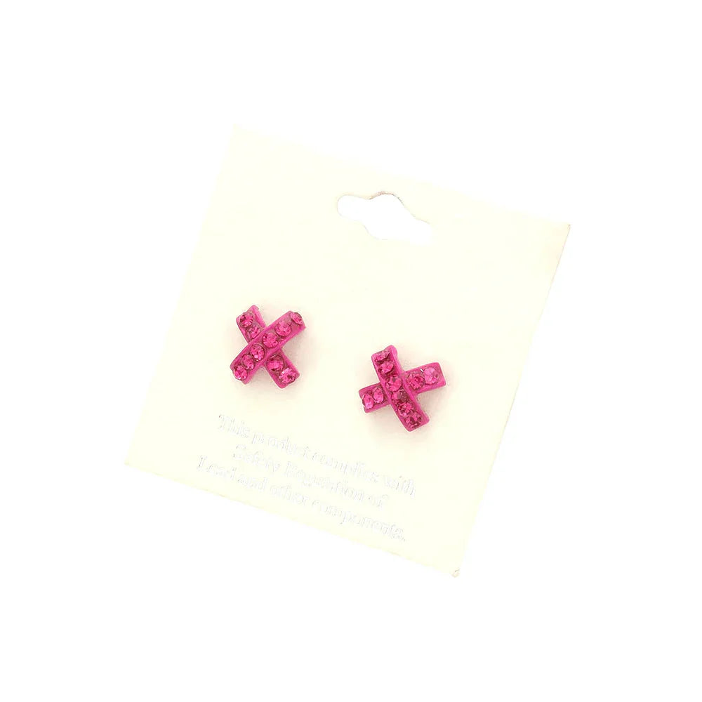 Fuchsia Rhinestone Embellished Crisscross Stud Earrings - Jewelry Store by Erik Rayo