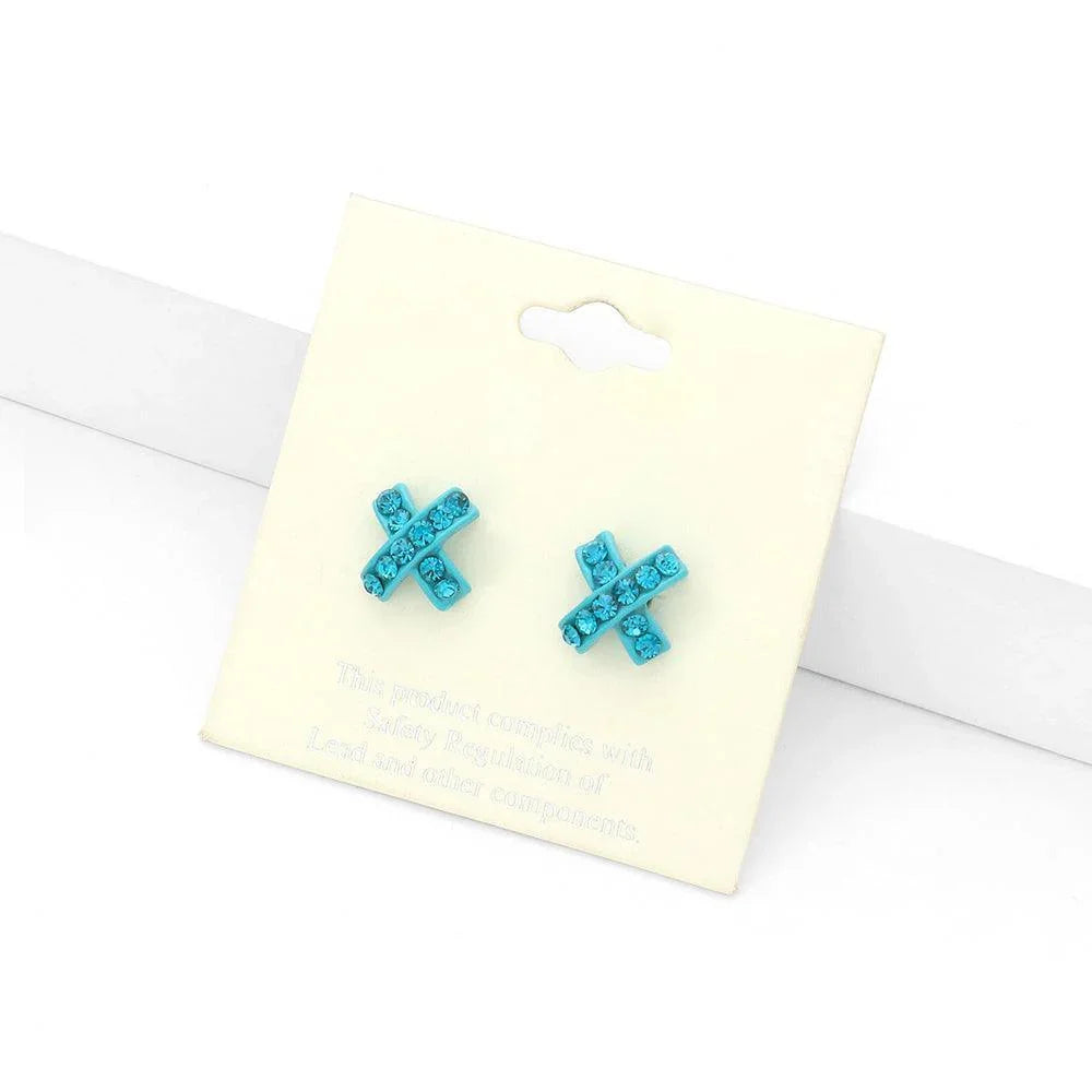 Blue Rhinestone Embellished Crisscross Stud Earrings - Jewelry Store by Erik Rayo