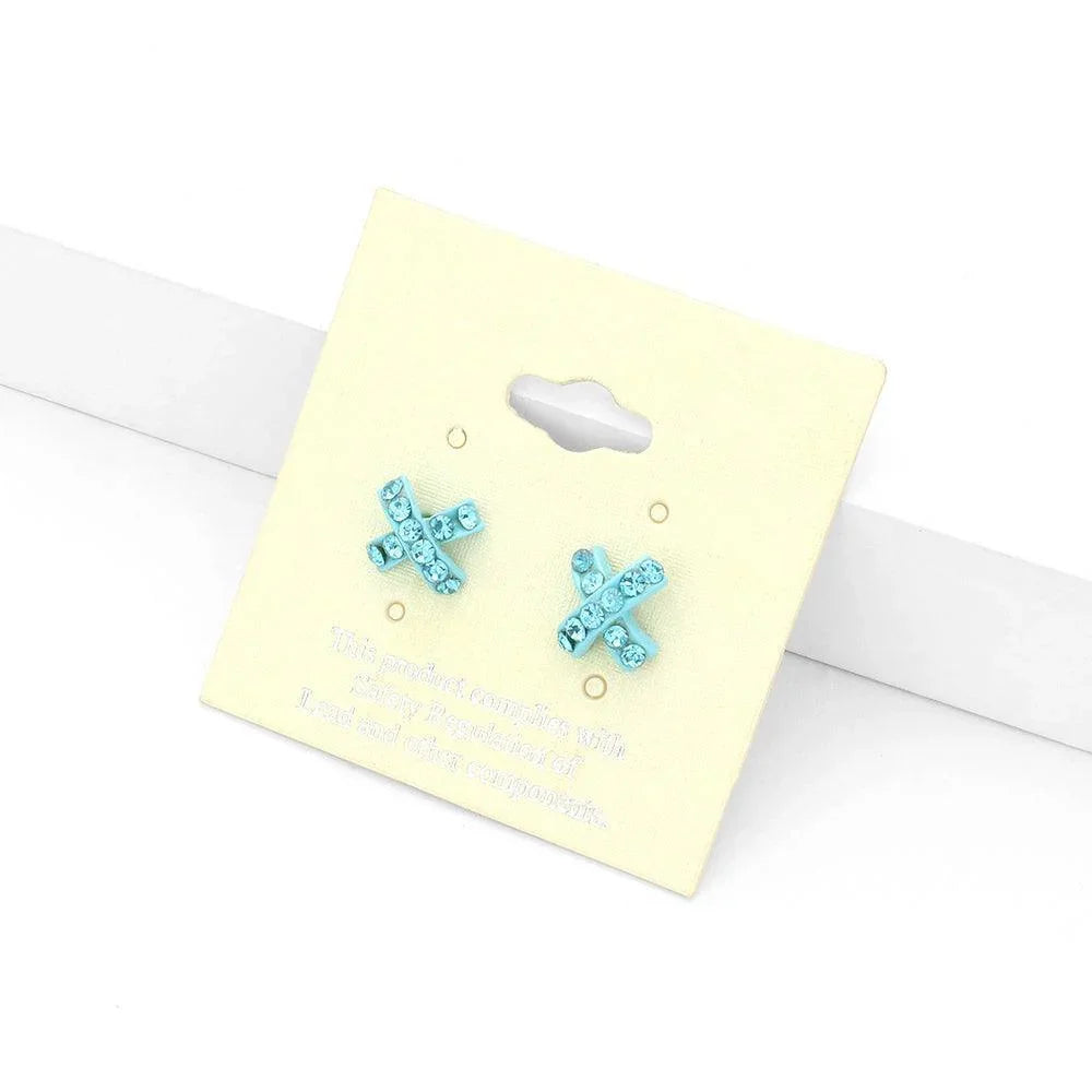 Aqua Rhinestone Embellished Crisscross Stud Earrings - Jewelry Store by Erik Rayo