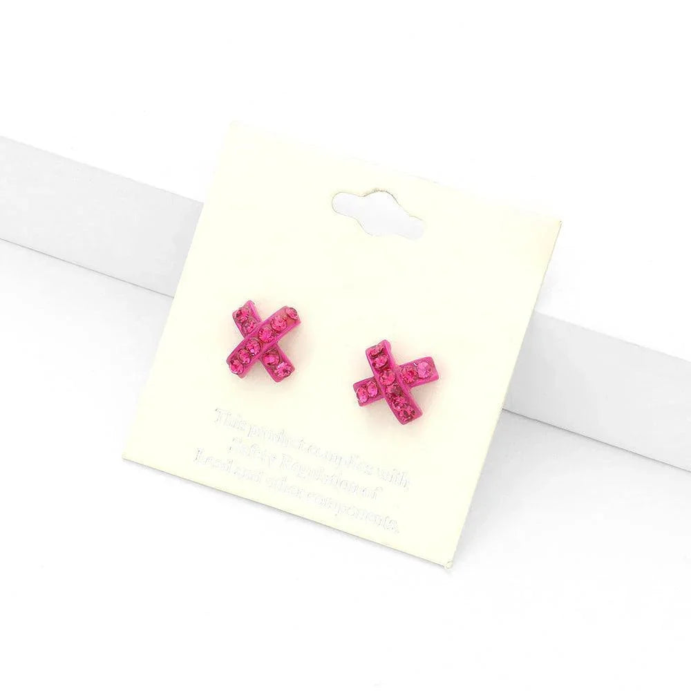 Fuchsia Rhinestone Embellished Crisscross Stud Earrings - Jewelry Store by Erik Rayo