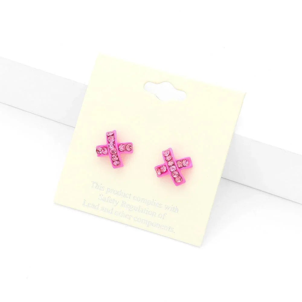 Pink Rhinestone Embellished Crisscross Stud Earrings - Jewelry Store by Erik Rayo